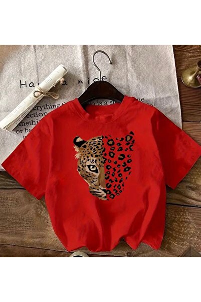 herkesemoda Leopard Tiger Print Detailed Basic T-Shirt