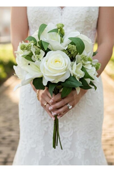 Nettenevime باقة زهور صناعية للعروس من الورد الأبيض والزنبق وزهور أرادال 40*2...