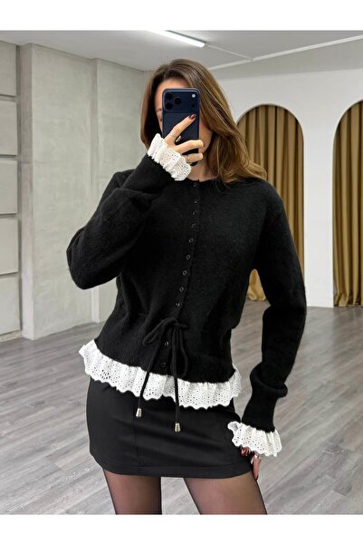 Coral Eteği Ve Kolu Dantelli Hırka 75301 Siyah