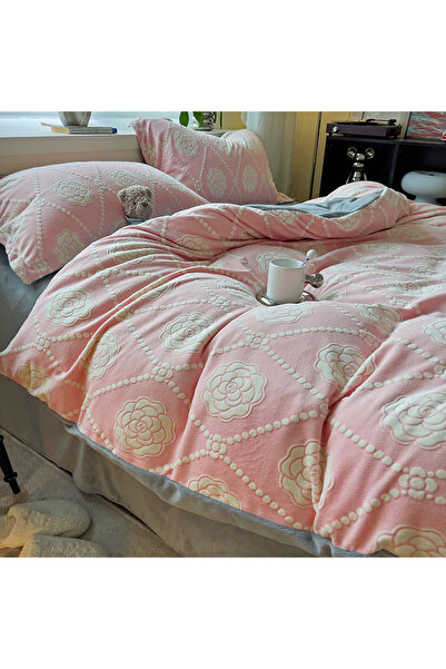FIONNA.RO Cocolino 4-Piece Bed Linen with Fitted Sheet - Pink with White Roses