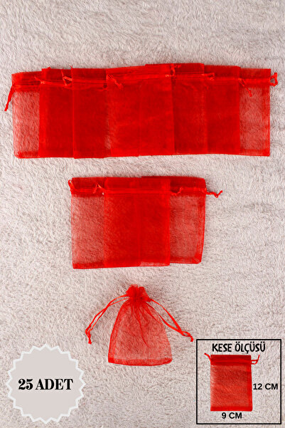 Mortex Kırmızı Düz Organze Tül Kese 25 Adet 9x12 Cm Kına, Çerez, Kuruyemiş He...