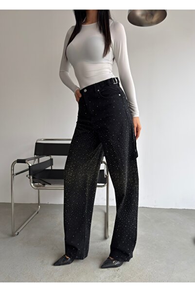 ParlaMira Women's Stoned High Waist Loose Fit Buckled Jeans