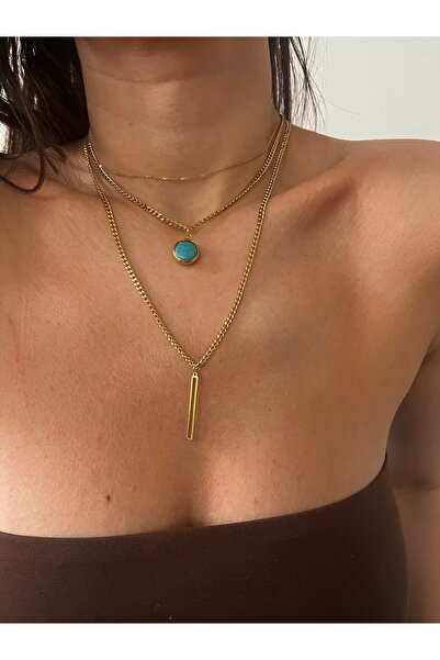 Hoop jewelery قلادة فولاذية مزدوجة بحجر الفيروز ونهاية مستطيلة الشكل