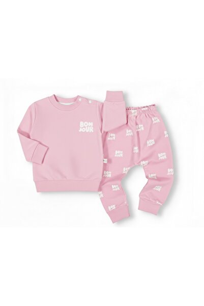 AYS طقم بونجور للفتيات الصغيرات مكون من قطعتين باللون الوردي مصنوع من القطن
