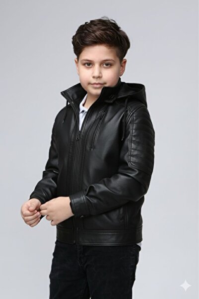 CE-YIL DERİ ÜRÜNLERİ Genuine Leather Hooded Children's & Youth's Coat