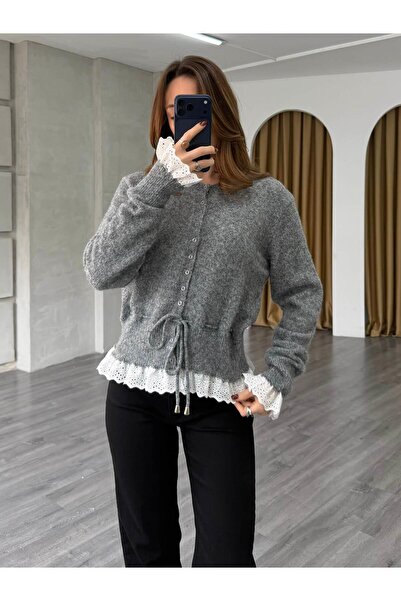Coral Eteği Ve Kolu Dantelli Hırka 75301 Gri