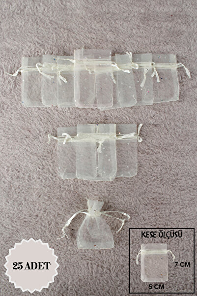 Mortex Krem Pul Baskılı Tül Kese 25 Adet 5x7 Cm Kına, Çerez, Kuruyemiş, Hediy...