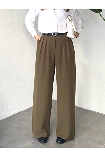 asfamoda Pantaloni de damă kaki, plisați, cu talie înaltă, cu picior larg, di...