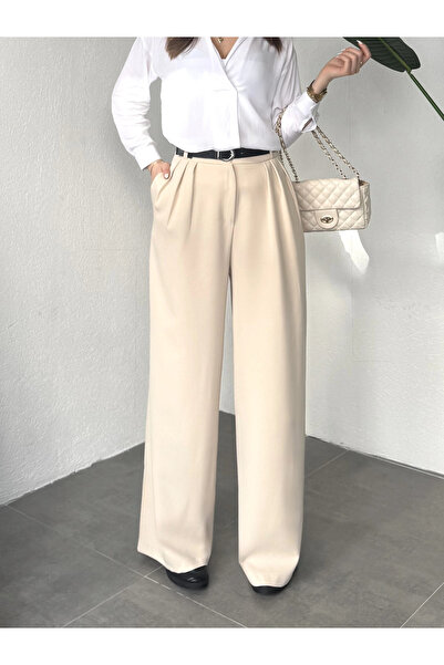 asfamoda Pantaloni de damă, crem, plisați, cu talie înaltă, cu picior larg, d...