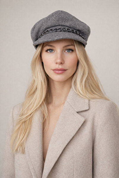 Şirin Giyim Aksesuar Pălărie tip beretă pentru femei, cu detaliu lanț, gri - ...