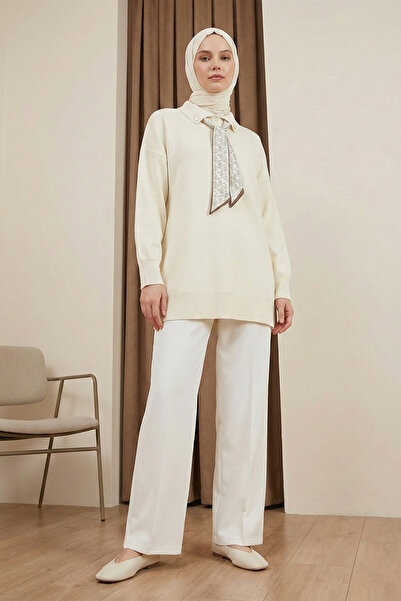 MODAQU Scarf Polo Collar Knitwear Tunic - Cream