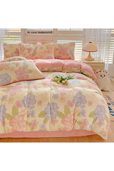 FIONNA.RO Cocolino 4-Piece Bedding Set with Fitted Sheet - Pink with Pastel F...