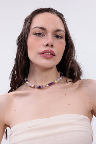 WisstoriaCollections Doğal Taş Ametist, Pembe Kuvars & İnci Kolye | Altın Kap...