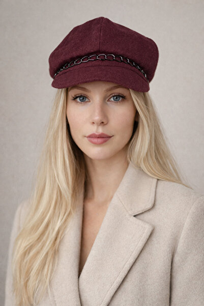 Şirin Giyim Aksesuar Pălărie tip beretă pentru femei, cu detaliu lanț, roșu c...