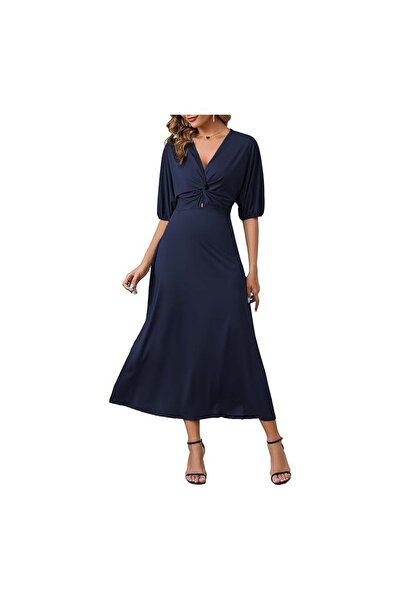 OEM Women's long wrap dress, V-neckline, 3/4 sleeves, lilac