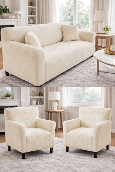 beyvetçe Jakarlı YAPRAK 3 3 1 1 krem Lastikli Kanepe Örtüsü | Lastikli Koltuk...