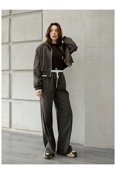 Coral Yakalı Çıtçıtlı Çizgili Ceket Ckt01502 Kahve