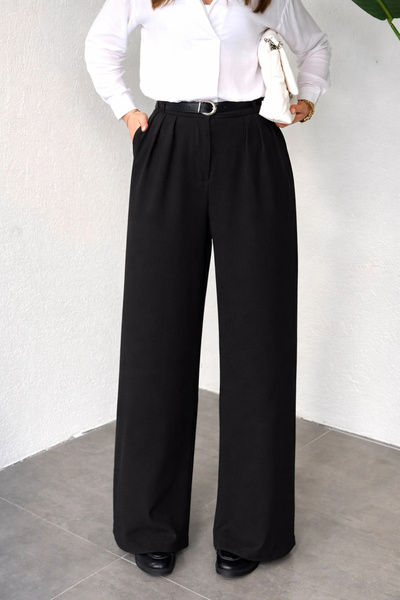 asfamoda Ženske crne Nabrano Visok struk Široke nogavice ekstra široke palazz...