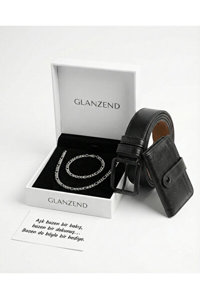 GLANZEND 4'lü Set Şık Deri Erkek Cüzdan Kemer Ve Çelik Kolye Bileklik Seti 14...