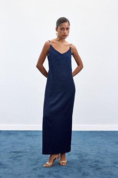 Sateen Satin Dress with Accessory Detail and Straps - Navy Blue
