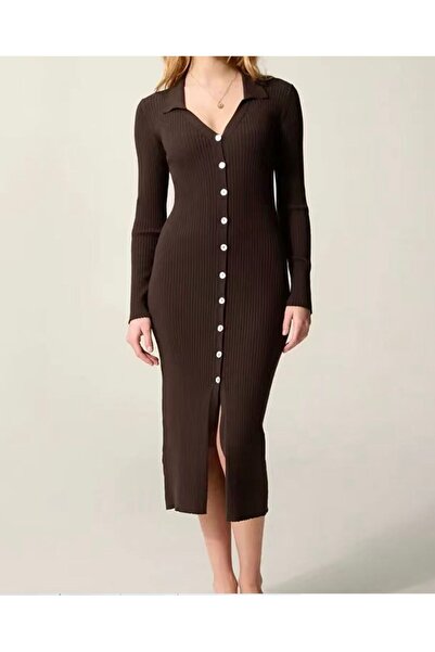 OEM Knitted Brown Midi Dress with Front Buttons