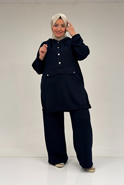 Eslina 47089 Plus Size Half Placket Hooded Pants Modal Set - Navy Blue