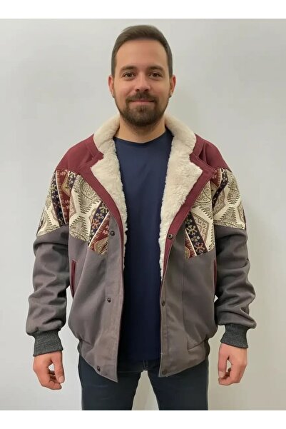 CANMODA (7748) Jachetă vintage aztecă cu guler din blană Recien, stil oversiz...