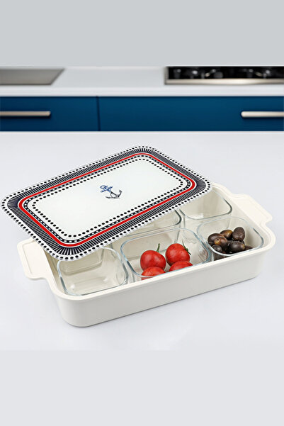 Pinkev Anchor Pattern Tempered Glass Lid and Melamine Tray 6-Piece Breakfast Set