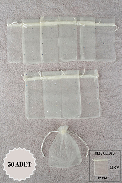 Mortex Krem Pul Baskılı Tül Kese 50 Adet 12x15 Cm Kına, Çerez, Kuruyemiş, Hed...