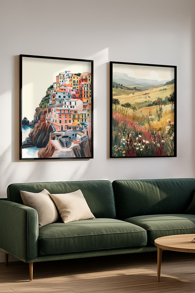 STARYUNA Black Wooden Framed Double Painting Set with Coastal Town and Nature...