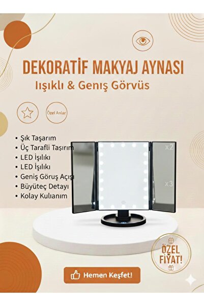 TeknoEser Üç Panelli LED Işıklı Makyaj Aynası | Büyüteçli, Geniş Görüş Açılı,...