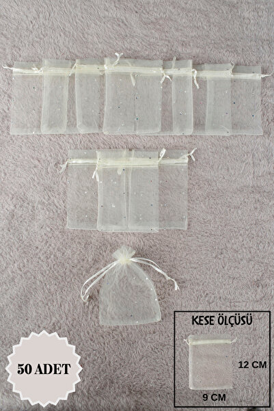 Mortex Krem Pul Baskılı Tül Kese 50 Adet 9x12 Cm Kına, Çerez, Kuruyemiş, Hedi...