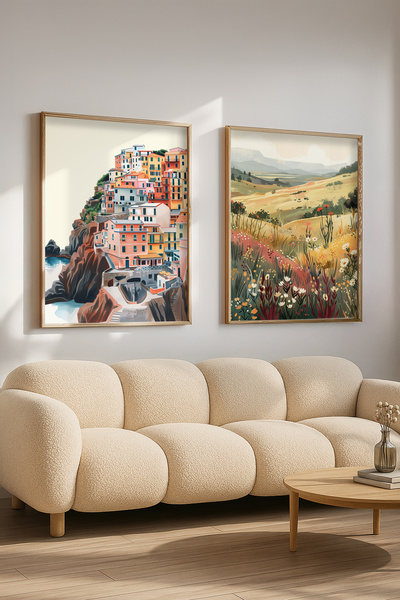 STARYUNA Wooden Framed Double Painting Set with Coastal Town and Nature View ...