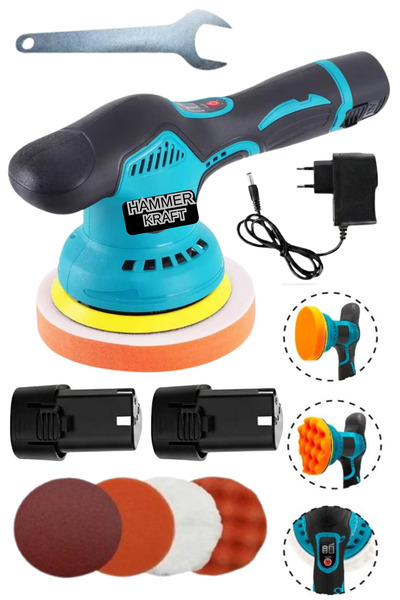 HAMMERKRAFT Orbital Polisaj Lithium İon Çift Akülü 8 Kademe Devir Ayarlı Past...