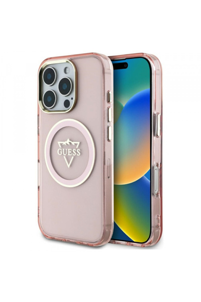 Guess MagSafe Case for Apple iPhone 16 Pro, Guess, IML Metal Mountain Logo, Pink