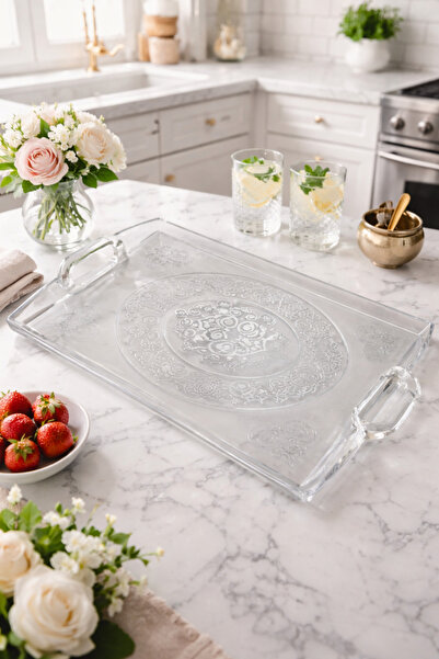 MAKRİ HOME 50x34 cm Şeffaf Motifli Büyük Boy Plastik Kulplu Tepsi, Şık Krista...