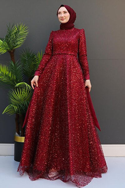 GİYZAMİLA Simay Tesettür Abiye Roșu Claret