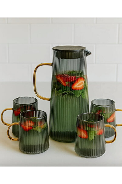 Miter Borosilikat Cam Gold Saplı Siyah Detoks Sürahi 1300 ml 4 Bardaklı