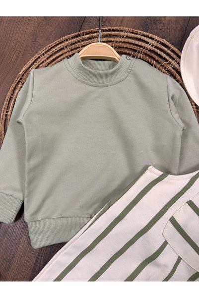 Bolly Baby Striped Safari Hat Shoulder Snap Sweatshirt Dungaree 3-Piece Baby Boy Set