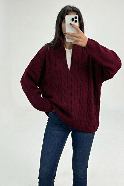 MetuCA Women's Burgundy Zippered Hair Braid Patterned Oversized Knitwear Sweater