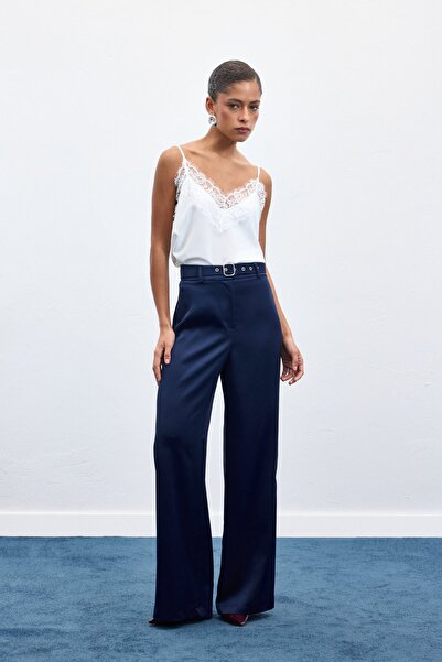 Sateen Satin Trousers with Belt Detail - Navy Blue