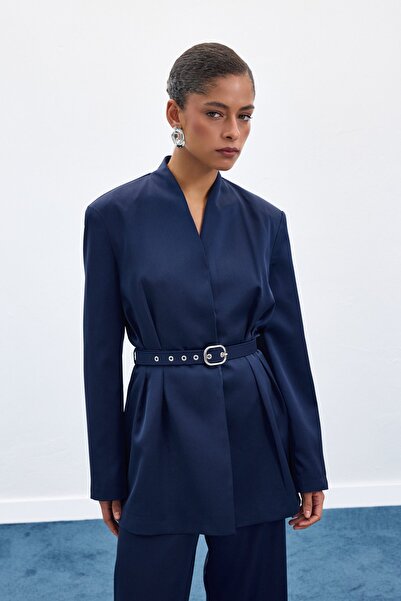 Sateen Lisa Belted Satin Jacket - Navy Blue
