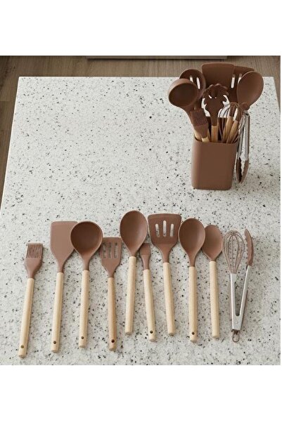 abnturk "12 Parça Premium Ahşap Saplı Silikon Mutfak Gereçleri Seti – Kahve'