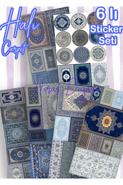 Hiras Dizayn 6lı Otantik Etnik Mavi Halı Desenleri Kilim Sticker Seti Etiketl...