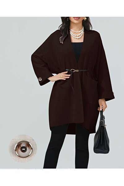 OEM Long Brown Cardigan with Waist Belt and Pockets
