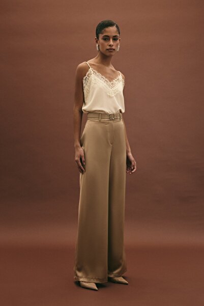 Sateen Satin Trousers with Belt Detail - Mink