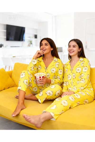 NiCe İç Giyim Sarı renk Civcivli Süet Kadın Pijama Anne & Kız Çocuk Gömlek Ya...
