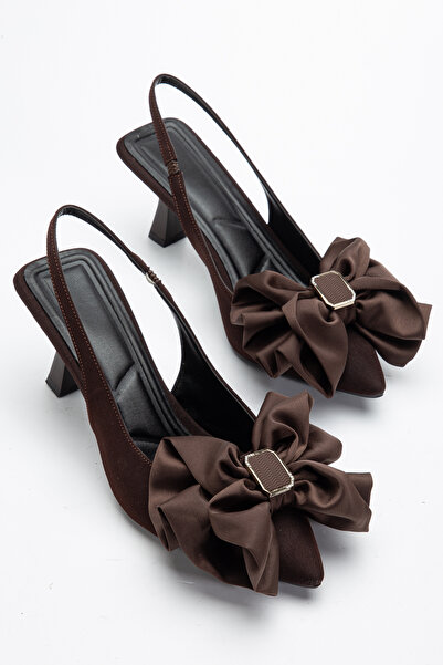 Entella Store Elise Open Back Elastic Bitter Brown Satin Bow Women's Heeled S...
