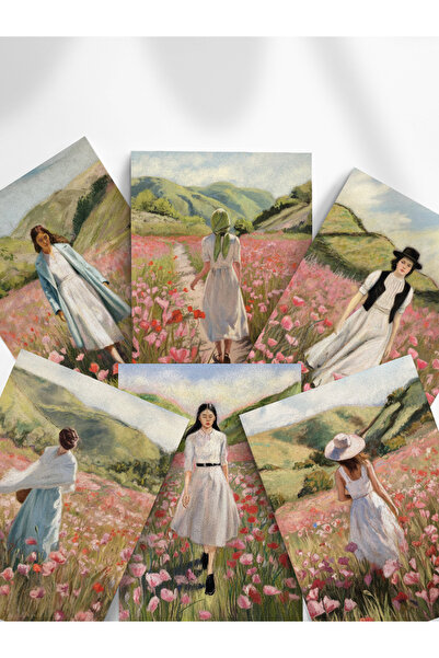 Henno A6 (10,5x14,8 cm) 6'lı Çiçekli Kır Manzaralı Kadın Figürlü Vintage Scra...