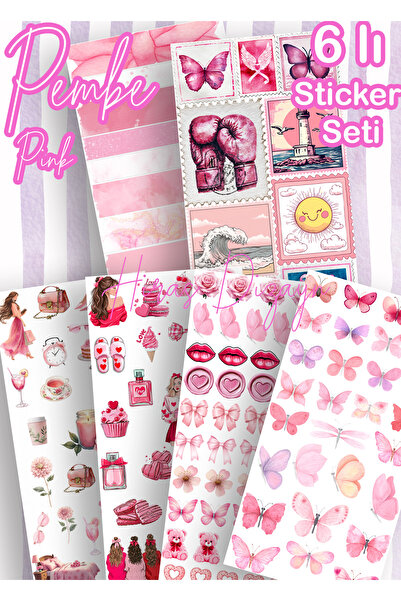 Hiras Dizayn 6-Piece Pink Item Sticker Set Pink Themed Decorative Labels Agen...